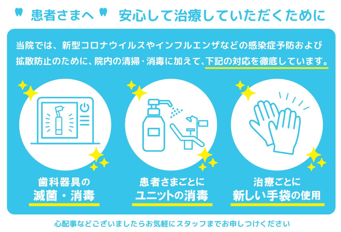 患者様へ安心して治療していただくために。当院では、新型コロナウイルスやインフルエンザなどの感染症予防および拡散防止のために、院内の清掃・消毒に加えて、下記の対応を徹底しています。歯科器具の滅菌消毒、患者様ごとにユニットの消毒、治療ごとに新しい手袋の使用。心配事などございましたらお気軽にスタッフまでお申しつけください
